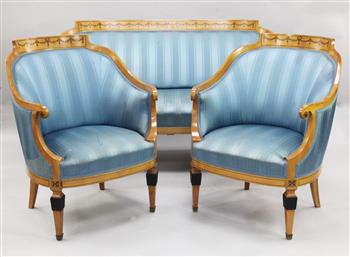 A Biedermeier satin birch three piece suite,
